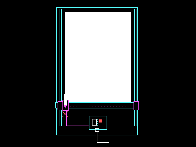 CGA-style plotter with its pen at the bottom-left starting corner and a controller card with a blinking red button.